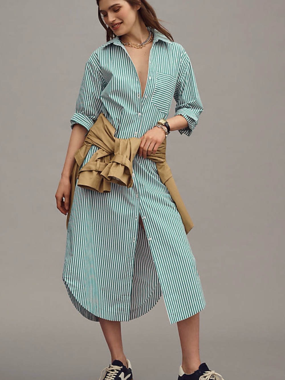 Maeve Soren Green & White Striped Long-Sleeve Shirt Dress Large Petite NWT - Picture 2 of 15